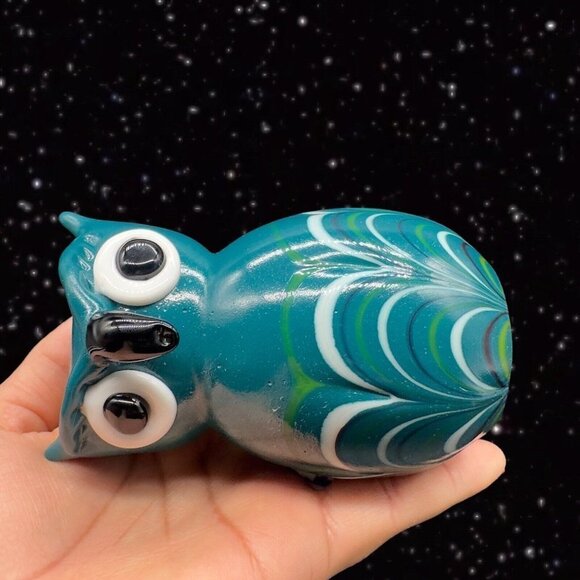 Art Glass Owl Figurine Paperweight Pulled Feather Glass Cased Bird Blue Fritz - Picture 10 of 14